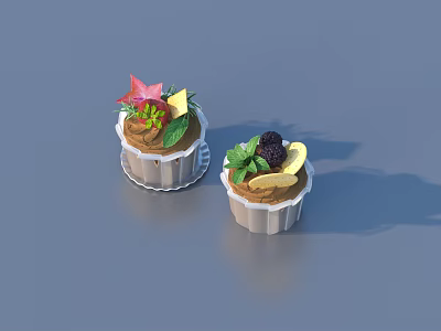 Decorated Cupcakes With Blackberry Banana Pink Flower And Mint Leaves In White Liners 3d model