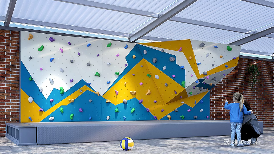 Colorful Indoor Climbing Wall With Geometric Patterns Child And Volleyball Nearby 3d model 