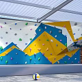 Colorful Indoor Climbing Wall With Geometric Patterns Child And Volleyball Nearby