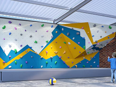 Colorful Indoor Climbing Wall With Geometric Patterns Child And Volleyball Nearby 3d model