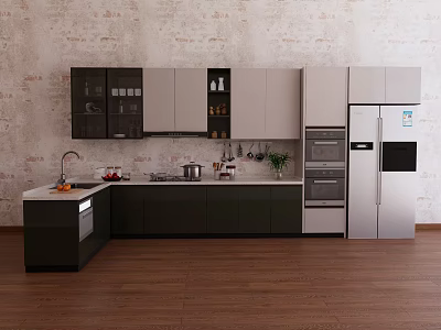 Modern Kitchen Interior With Brick Wall Wooden Floor Cabinets Refrigerator And Oven 3d model