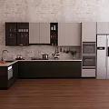 Modern Kitchen Interior With Brick Wall Wooden Floor Cabinets Refrigerator And Oven