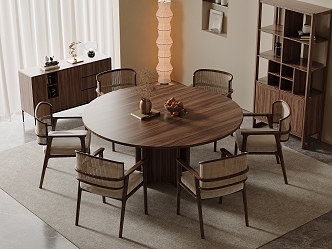 Middle Ancient Style Solid Wood Dining Table and Chair Combination Restaurant Solid Wood Dining Chair Round Dining Table and Chair Solid Wood Sideboard Vase Decorative Ornaments Screen Window Floor Lamp Carpet 3d model