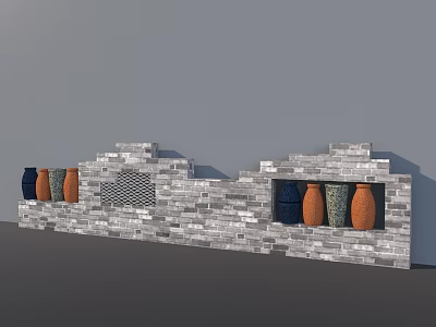 Modern Gray Brick Background Wall With Colorful Vases And Grid Decoration 3d model