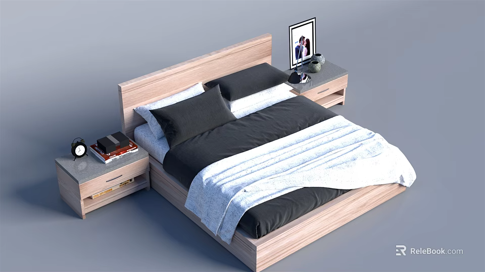 Modern Double Bed With Wooden Headboard Black White Bedding And Nightstands With Alarm Clock Lamp 3d model 