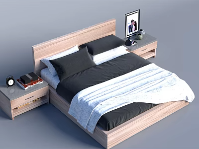 Modern Double Bed With Wooden Headboard Black White Bedding And Nightstands With Alarm Clock Lamp 3d model