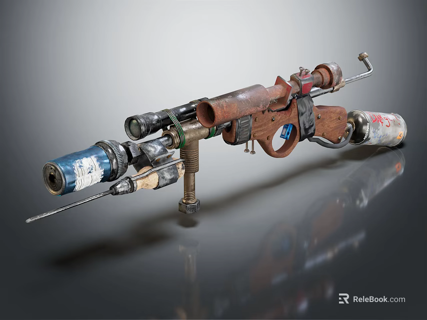Vintage Mechanical Weapon With Wooden Stock Metal Barrel Blue Accents And Scope 3d model 