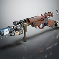 Vintage Mechanical Weapon With Wooden Stock Metal Barrel Blue Accents And Scope