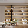 Modern Living Room with Sofa Built in Bookshelves Green Chairs Round Pouf and Wooden Flooring