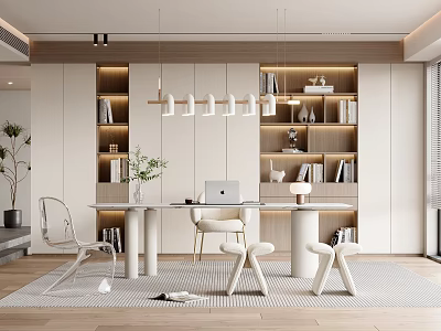 Modern Study Room Interior With Bookshelves Desk Laptop Minimalist Chair And Pendant Lights 3d model