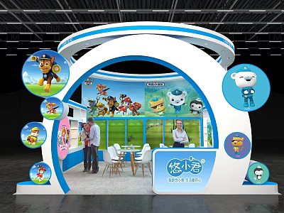 Colorful Cartoon Characters Themed Exhibition Booth With Blue White Curved Design And Display Area 3d model
