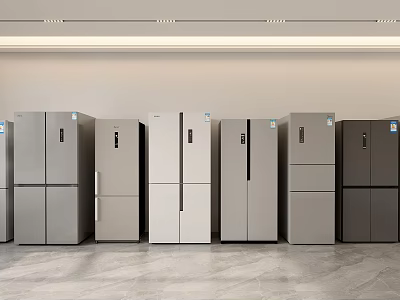 Multiple Different Styles Gray And Black Refrigerators In Showroom 3d model