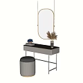 Modern Dressing Table With Oval Mirror Black Top Grey Stool And Pampas Grass 3d model