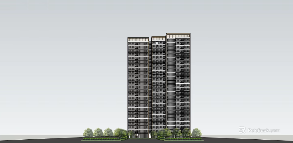 Modern High Rise Residential Building With Regular Windows And Bottom Greenery 3d model