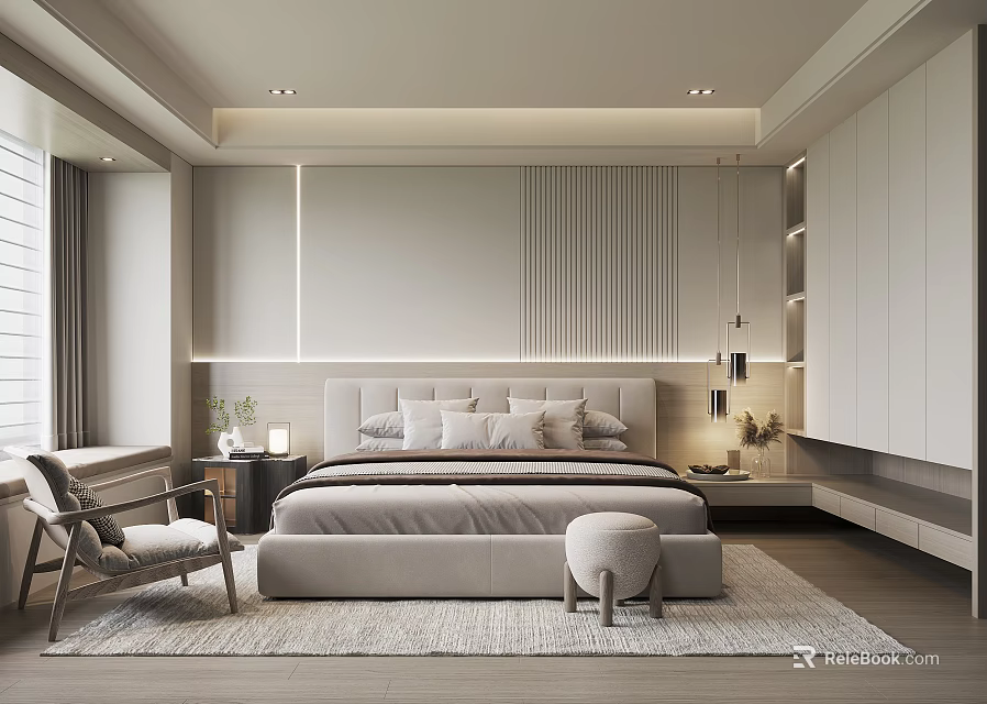 Modern Minimalist Bedroom Interior With Upholstered Bed Area Rug And Floor Lamp 3d model 