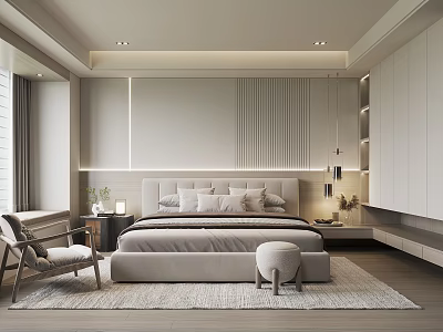 Modern Minimalist Bedroom Interior With Upholstered Bed Area Rug And Floor Lamp 3d model
