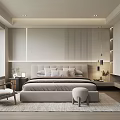 Modern Minimalist Bedroom Interior With Upholstered Bed Area Rug And Floor Lamp