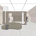 Modern Minimalist Clothing Store Interior With Clothing Racks Sofa And Mirror