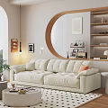 Modern Living Room Interior With Beige Sofa Orange Cushions Round Coffee Table And City View
