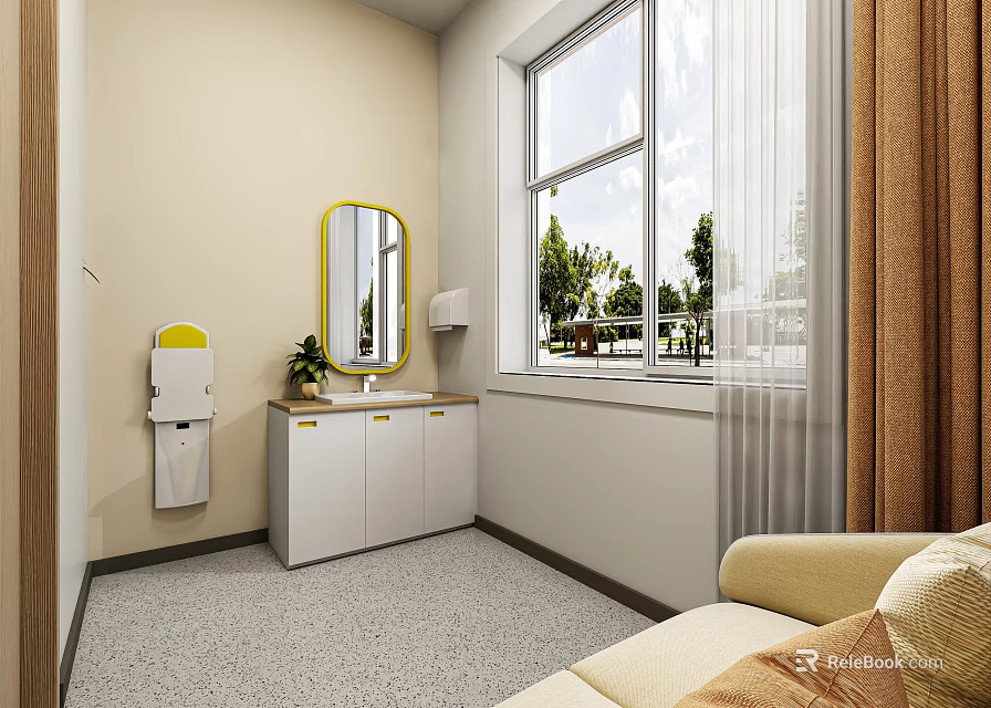 Bright Medical Room Interior With Washbasin Gold Framed Mirror Window Brown Curtains And Sofa 3d model 