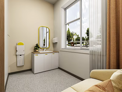 Bright Medical Room Interior With Washbasin Gold Framed Mirror Window Brown Curtains And Sofa 3d model