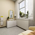 Bright Medical Room Interior With Washbasin Gold Framed Mirror Window Brown Curtains And Sofa