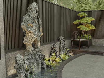 Modern Garden Decorative Feature With Rock Formations Small Pond Green Plants And Pine Tree 3d model