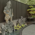 Modern Garden Decorative Feature With Rock Formations Small Pond Green Plants And Pine Tree