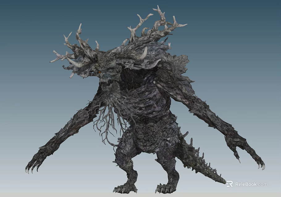 Game and Movie Fantasy Monster Character With Antlered Head Rough Skin Long Arms Sharp Claws 3d model 