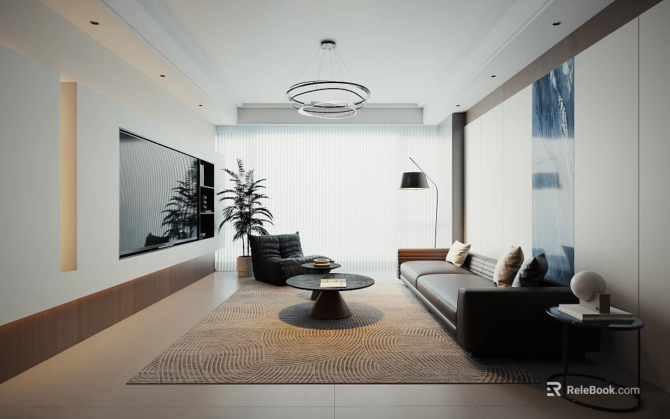 Modern Living Room Interior With Sofa Coffee Table Chandelier TV Plant And Area Rug 3d model 