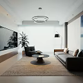 Modern Living Room Interior With Sofa Coffee Table Chandelier TV Plant And Area Rug