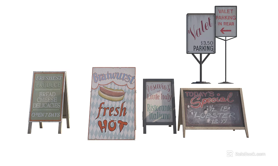 Various Advertising Billboards With Breakfast Lunch Specials Fresh Hot Food And Valet Parking 3d model 