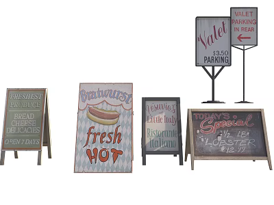 Various Advertising Billboards With Breakfast Lunch Specials Fresh Hot Food And Valet Parking 3d model
