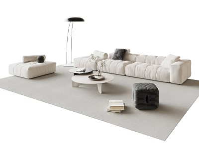 Minimalist Light Colored Sofa Coffee Table Set With Round Table Floor Lamp And Throw Pillows 3d model