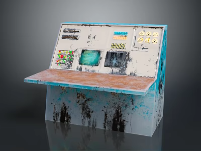 Worn Industrial Control Console With Multiple Displays Buttons And Scratched Paint On Wooden Surface 3d model