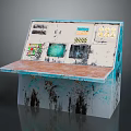 Worn Industrial Control Console With Multiple Displays Buttons And Scratched Paint On Wooden Surface