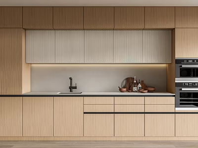 Modern Kitchen Interior With Light Wood Cabinets Countertop Sink And Oven 3d model