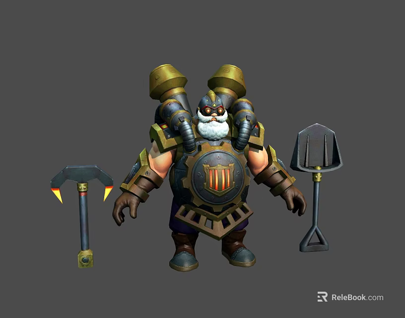 Robust Bearded Armored Warrior Character With Golden Armor Shield Axe And Shovel Weapon 3d model 