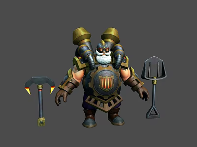Robust Bearded Armored Warrior Character With Golden Armor Shield Axe And Shovel Weapon 3d model