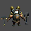 Robust Bearded Armored Warrior Character With Golden Armor Shield Axe And Shovel Weapon