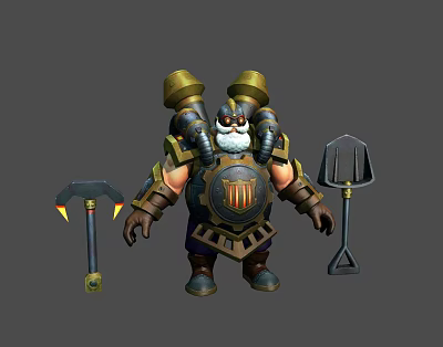 Robust Bearded Armored Warrior Character With Golden Armor Shield Axe And Shovel Weapon 3d model
