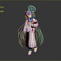 Game Character With Long Blue Hair Golden Halo Pink Coat White Pleated Skirt Holding Book