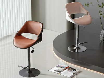Brown And Pink Modern Bar Stools With Metal Base On Black Countertop Area With Magazines 3d model