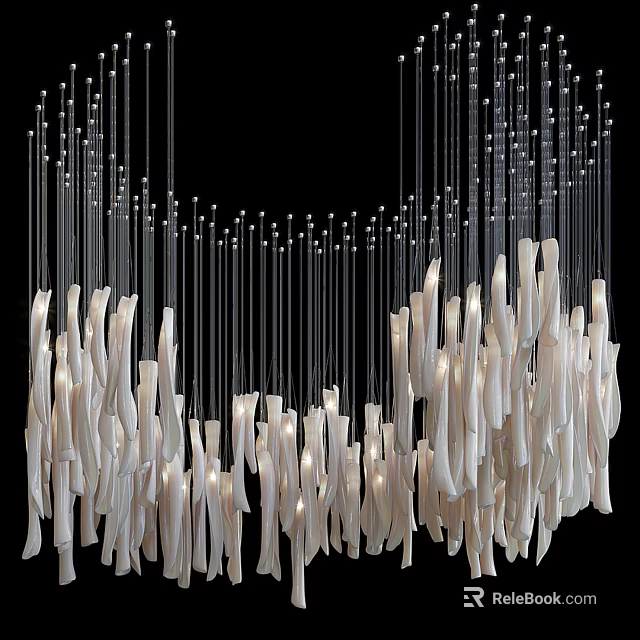 Modern Sculptural White Chandelier With Hanging Illuminated Elements Against Black Background 3d model 