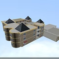 Modern School Building With Multiple Pyramidal Roofs Yellow Beige Exterior And Courtyard Structure 3d model