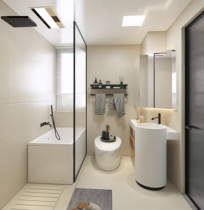 Modern Bathroom Interior Design With Bathtub Toilet White Sink Mirror Towels And Shelf 3d model