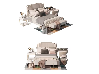 Modern Double Bed with Upholstered Headboard Bedside Table and Accent Chair 3d model