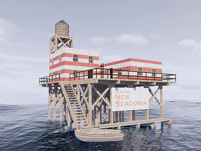 Wooden Sea Platform With Red White Stripes And New Seadonia Banner In Ocean Water 3d model