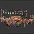 Cozy Outdoor Leisure Setup With Red Checkered Sofa Tables Chairs And Hanging Lanterns