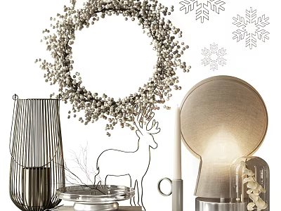 Decorative Ornament Set with Silver Wreath Snowflake Decorations Metallic Vase Deer Figurine and Table Lamp 3d model